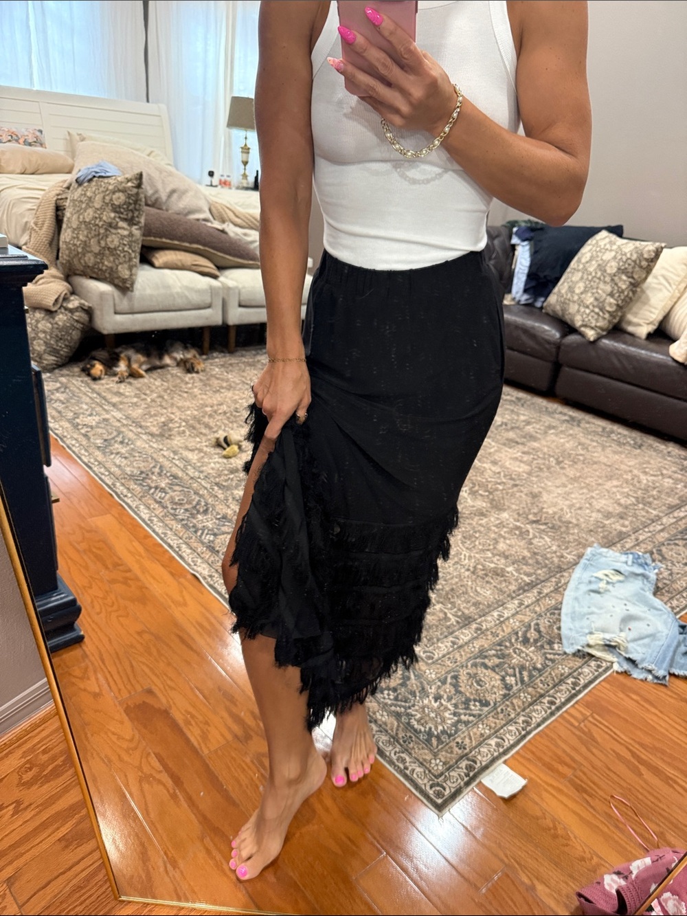 Fringed Black Midi Skirt with Side Slit